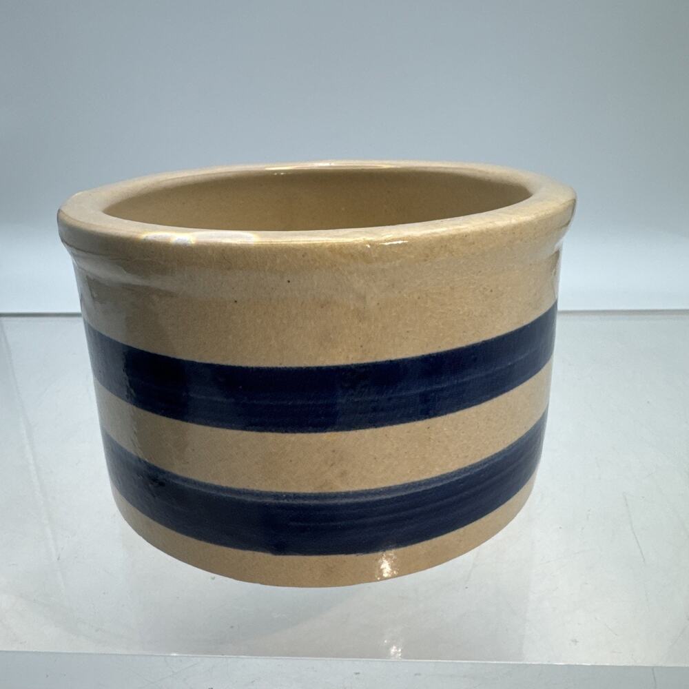 Vintage Crock Roseville Robinson Ransbottom Low Jar #303 A - 2 Blue Stripes ⬇️